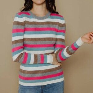 NWT ORB Life Len Slim Rib Knit Crew Pullover Sweater - Stripe